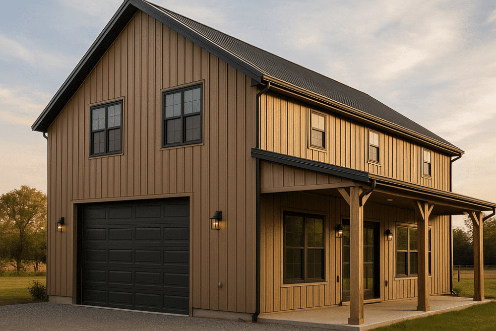 Barndominium, Metal Roofing In Lacombe, LA, At ADCO Metals. Modern two-story pole barn-style building with vertical metal siding, black roof, and garage door.