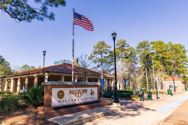 A Mississippi welcome center welcomes visitors to a town of progress and Picayune steel buildings in the South