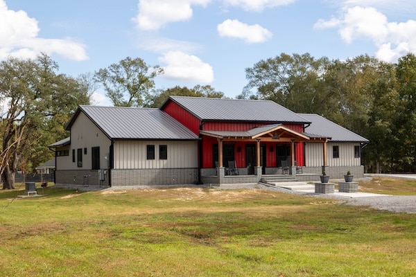 Steel building in a field, showing how to insulate a steel building
