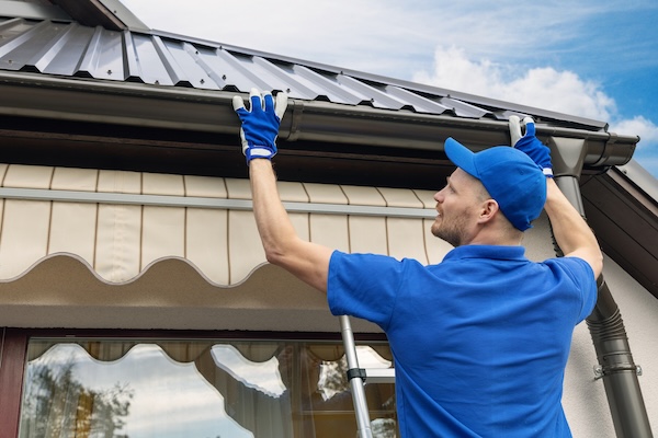 man installing house roof rain gutter system showing the answer to the question "can you put gutters on a metal roof"